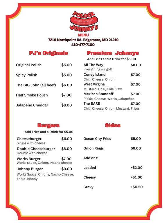 Polock Johnny's Menu front